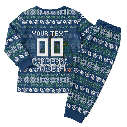 Personalized Canberra Raiders Christmas Pajama Set Australian Rugby Fans - Pixelated Ugly Xmas Pattern Mascot Santa