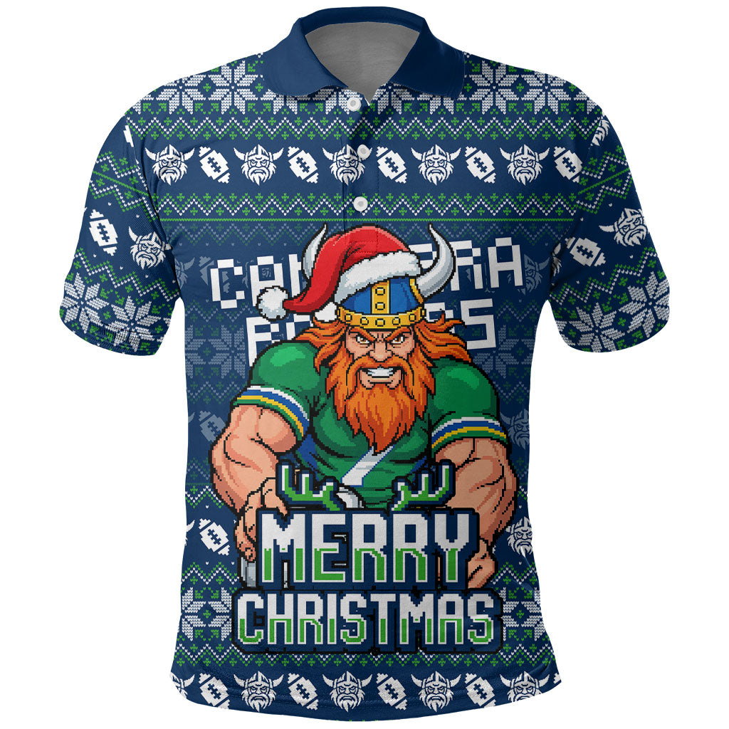 Personalized Canberra Raiders Christmas Polo Shirt Australian Rugby Fans - Pixelated Ugly Xmas Pattern Mascot Santa