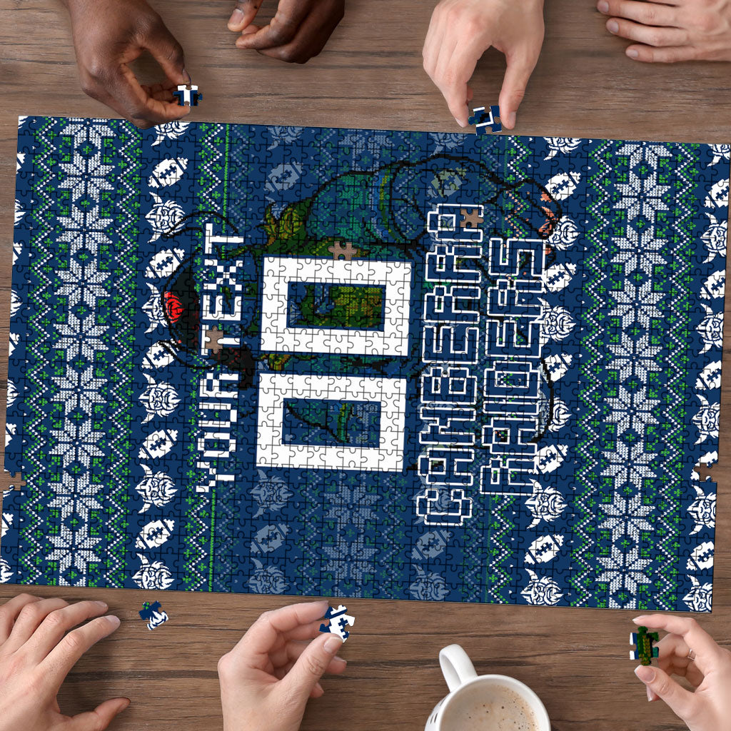 Personalized Canberra Raiders Christmas Puzzle Australian Rugby Fans - Pixelated Ugly Xmas Pattern Mascot Santa