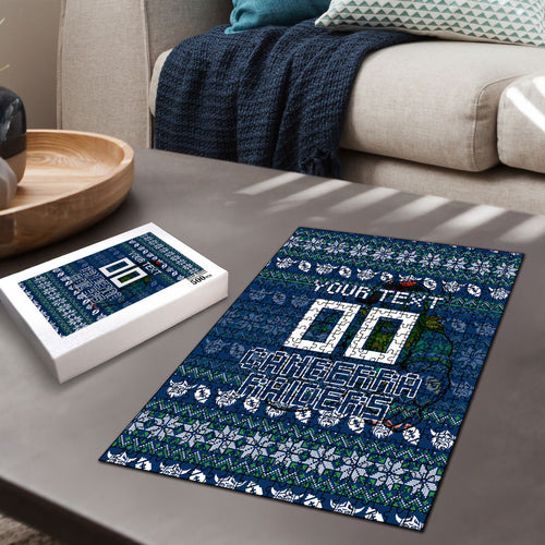 Personalized Canberra Raiders Christmas Puzzle Australian Rugby Fans - Pixelated Ugly Xmas Pattern Mascot Santa