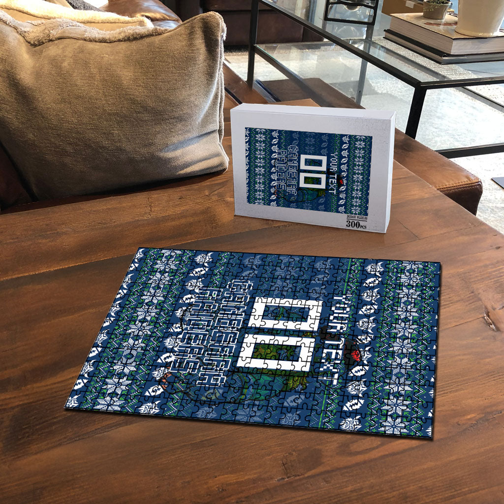 Personalized Canberra Raiders Christmas Puzzle Australian Rugby Fans - Pixelated Ugly Xmas Pattern Mascot Santa