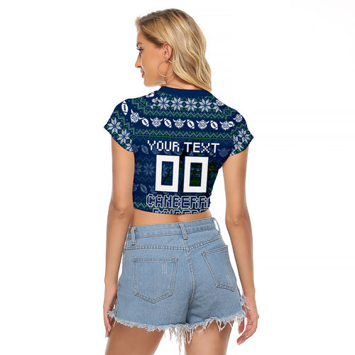 Personalized Canberra Raiders Christmas Raglan Cropped T Shirt Australian Rugby Fans - Pixelated Ugly Xmas Pattern Mascot Santa