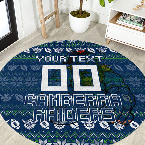 Personalized Canberra Raiders Christmas Round Carpet Australian Rugby Fans - Pixelated Ugly Xmas Pattern Mascot Santa