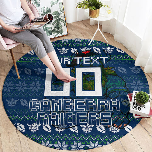 Personalized Canberra Raiders Christmas Round Carpet Australian Rugby Fans - Pixelated Ugly Xmas Pattern Mascot Santa