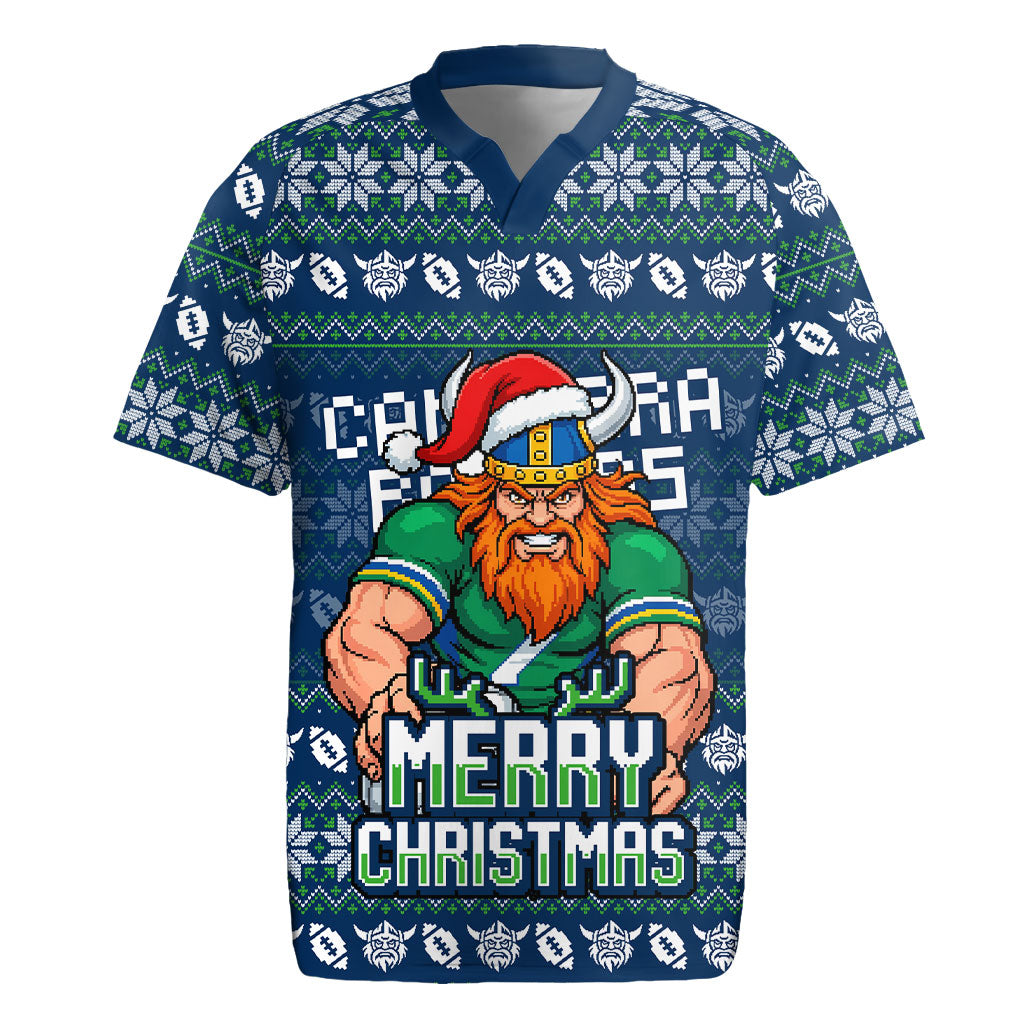 Personalized Canberra Raiders Christmas Rugby Jersey Australian Rugby Fans - Pixelated Ugly Xmas Pattern Mascot Santa