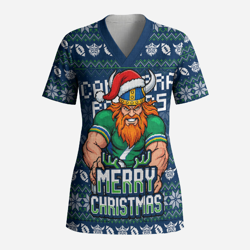 Personalized Canberra Raiders Christmas Scrub Top Australian Rugby Fans - Pixelated Ugly Xmas Pattern Mascot Santa