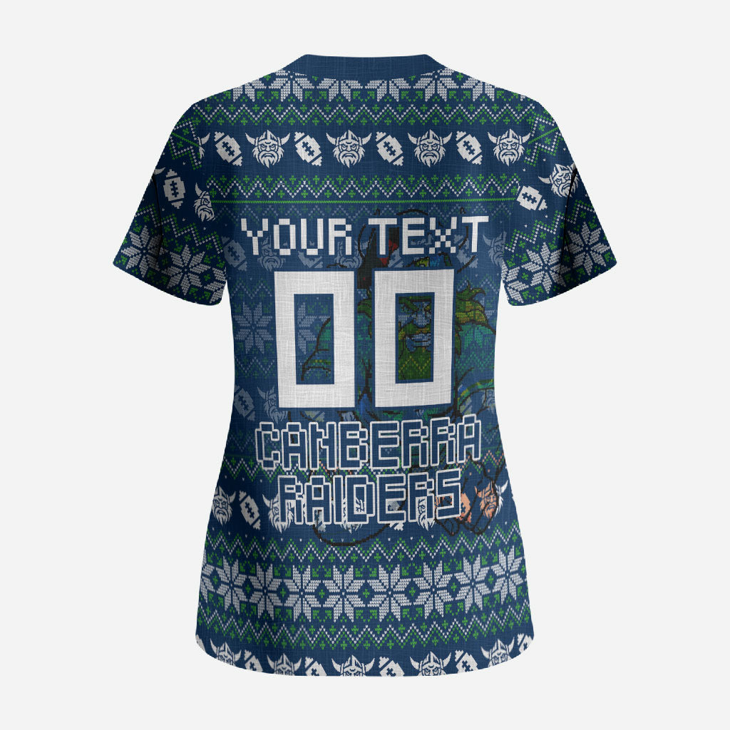Personalized Canberra Raiders Christmas Scrub Top Australian Rugby Fans - Pixelated Ugly Xmas Pattern Mascot Santa