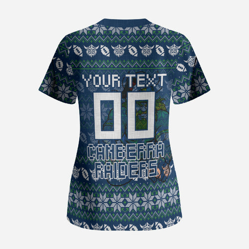 Personalized Canberra Raiders Christmas Scrub Top Australian Rugby Fans - Pixelated Ugly Xmas Pattern Mascot Santa