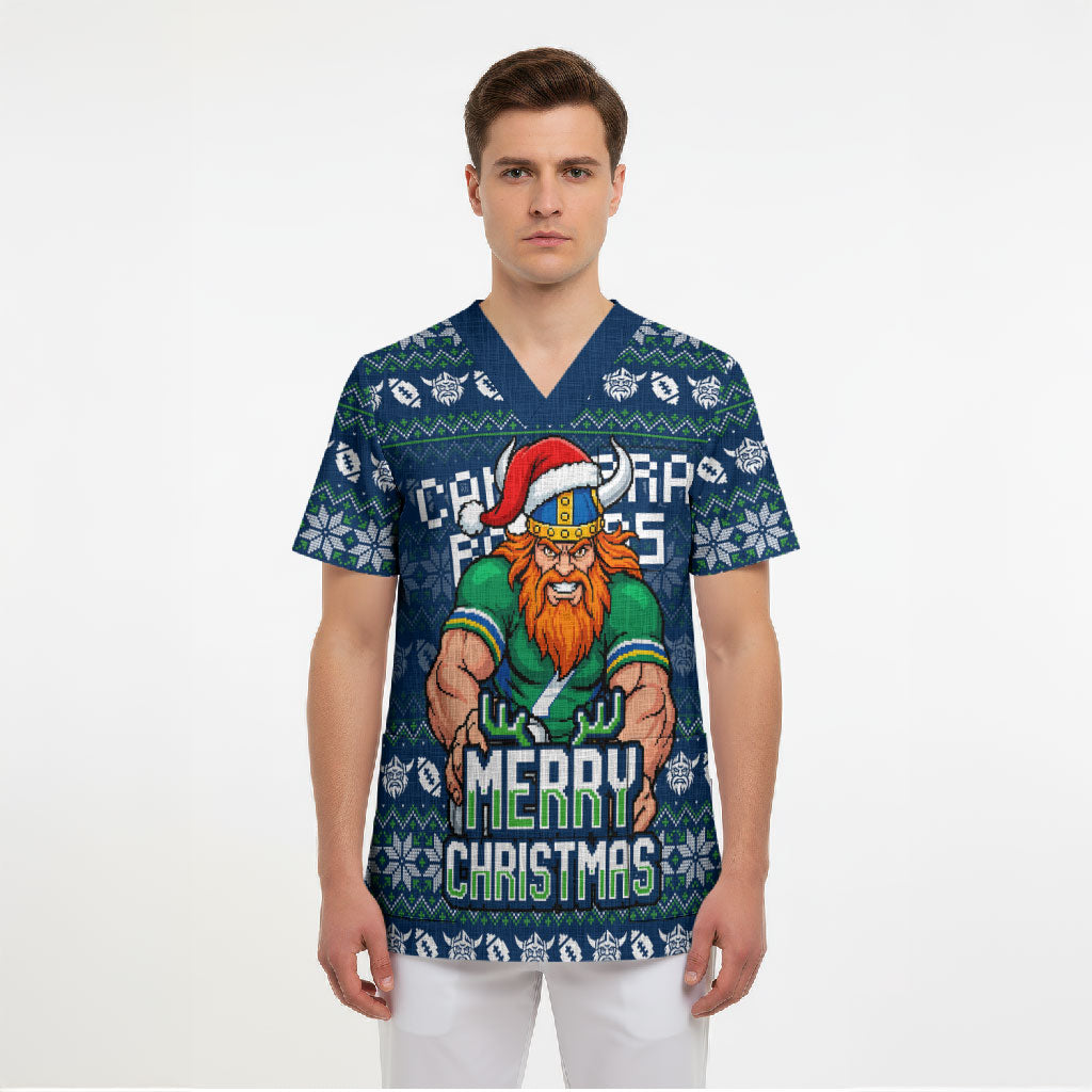 Personalized Canberra Raiders Christmas Scrub Top Australian Rugby Fans - Pixelated Ugly Xmas Pattern Mascot Santa