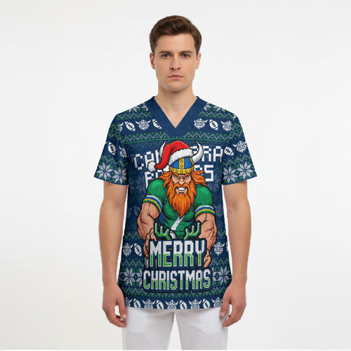 Personalized Canberra Raiders Christmas Scrub Top Australian Rugby Fans - Pixelated Ugly Xmas Pattern Mascot Santa