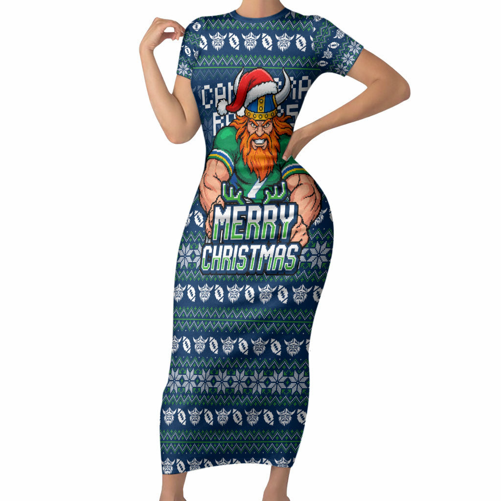 Personalized Canberra Raiders Christmas Short Sleeve Bodycon Dress Australian Rugby Fans - Pixelated Ugly Xmas Pattern Mascot Santa