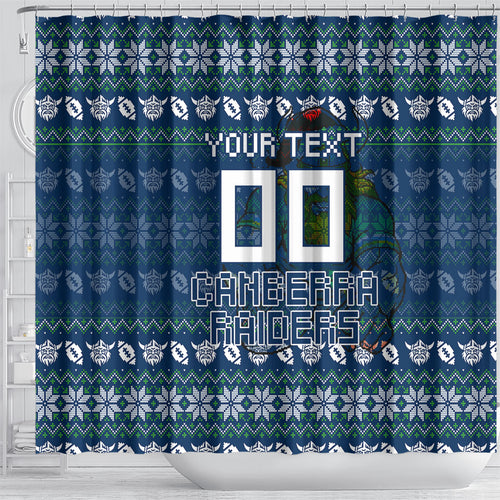 Personalized Canberra Raiders Christmas Shower Curtain Australian Rugby Fans - Pixelated Ugly Xmas Pattern Mascot Santa
