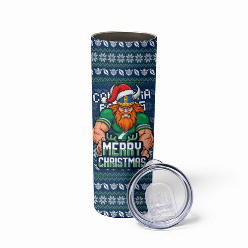 Personalized Canberra Raiders Christmas Skinny Tumbler Australian Rugby Fans - Pixelated Ugly Xmas Pattern Mascot Santa