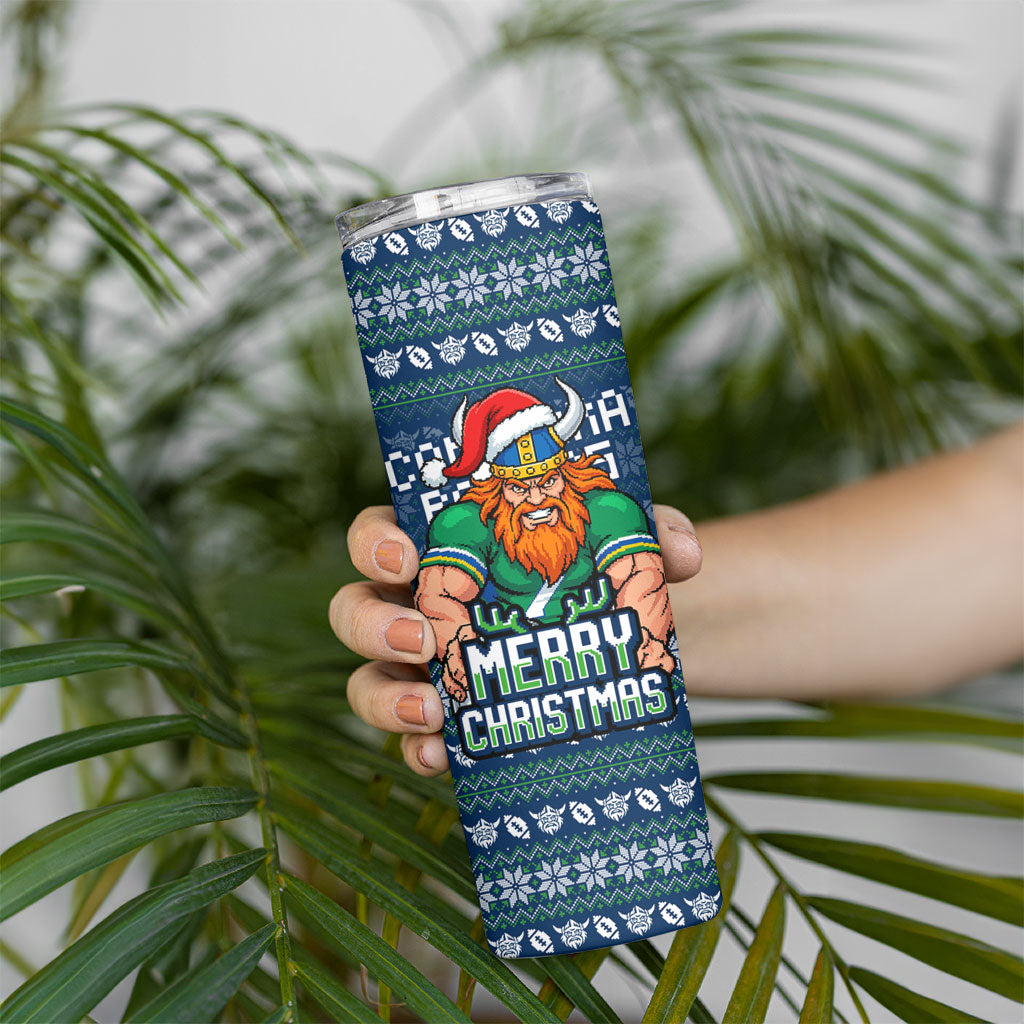 Personalized Canberra Raiders Christmas Skinny Tumbler Australian Rugby Fans - Pixelated Ugly Xmas Pattern Mascot Santa