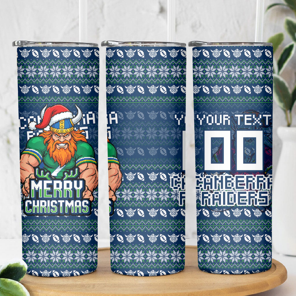 Personalized Canberra Raiders Christmas Skinny Tumbler Australian Rugby Fans - Pixelated Ugly Xmas Pattern Mascot Santa