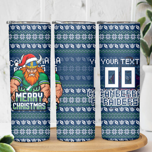Personalized Canberra Raiders Christmas Skinny Tumbler Australian Rugby Fans - Pixelated Ugly Xmas Pattern Mascot Santa