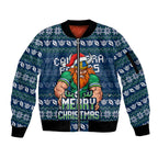 Personalized Canberra Raiders Christmas Sleeve Zip Bomber Jacket Australian Rugby Fans - Pixelated Ugly Xmas Pattern Mascot Santa