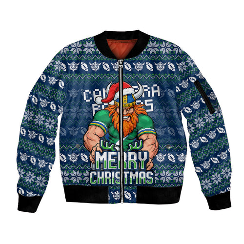 Personalized Canberra Raiders Christmas Sleeve Zip Bomber Jacket Australian Rugby Fans - Pixelated Ugly Xmas Pattern Mascot Santa