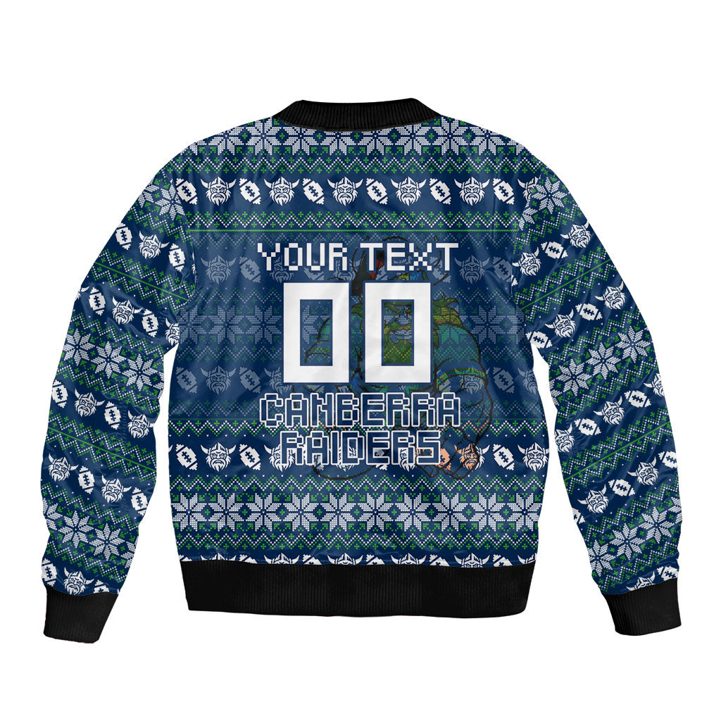 Personalized Canberra Raiders Christmas Sleeve Zip Bomber Jacket Australian Rugby Fans - Pixelated Ugly Xmas Pattern Mascot Santa