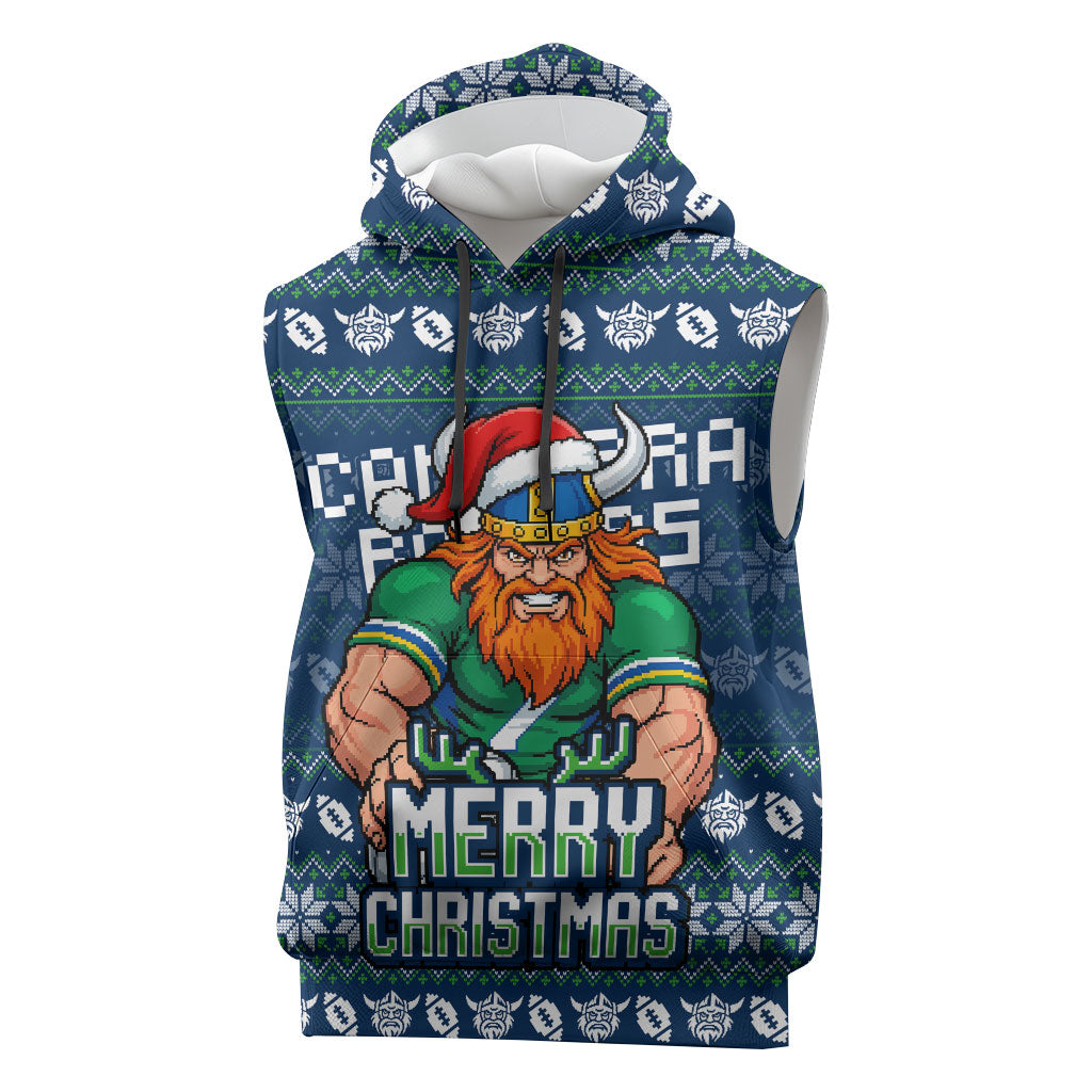 Personalized Canberra Raiders Christmas Sleeveless Hoodie Australian Rugby Fans - Pixelated Ugly Xmas Pattern Mascot Santa