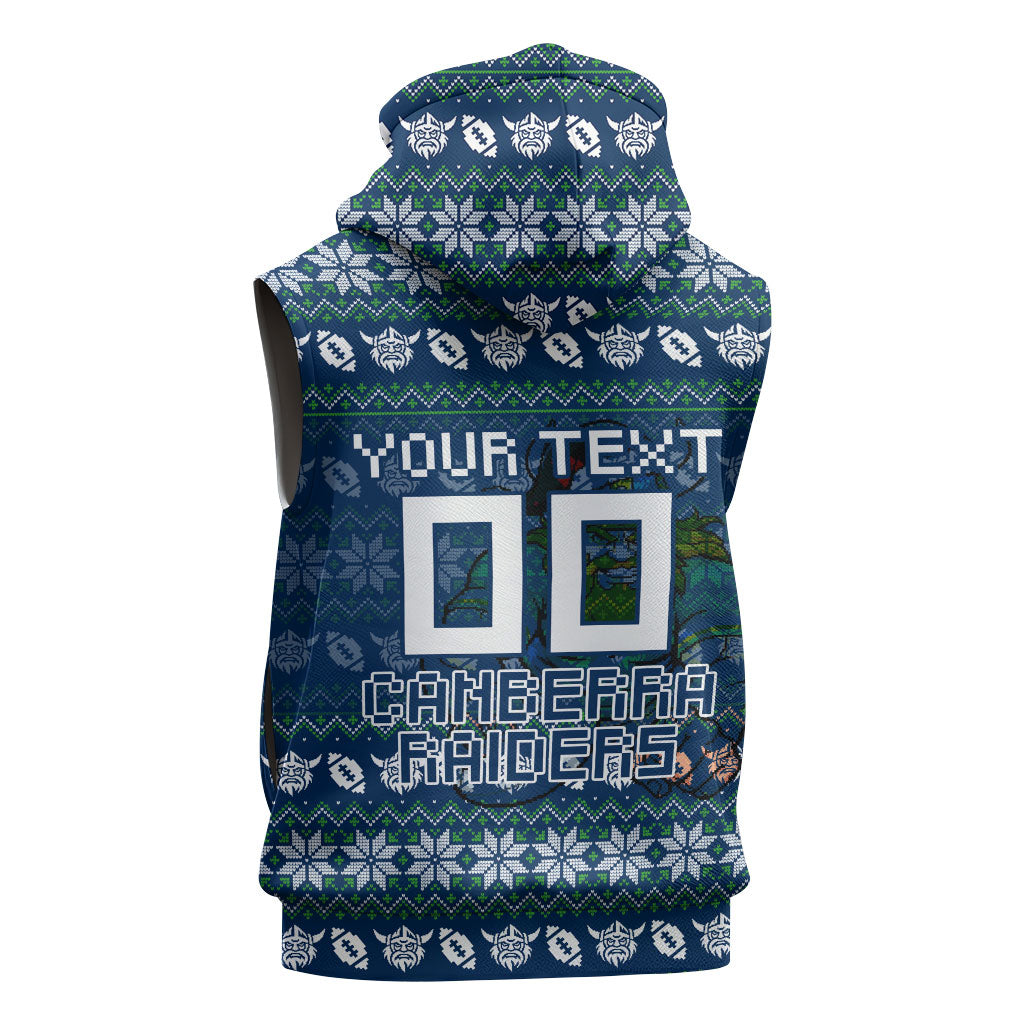 Personalized Canberra Raiders Christmas Sleeveless Hoodie Australian Rugby Fans - Pixelated Ugly Xmas Pattern Mascot Santa