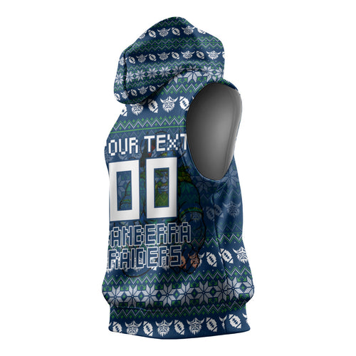Personalized Canberra Raiders Christmas Sleeveless Hoodie Australian Rugby Fans - Pixelated Ugly Xmas Pattern Mascot Santa