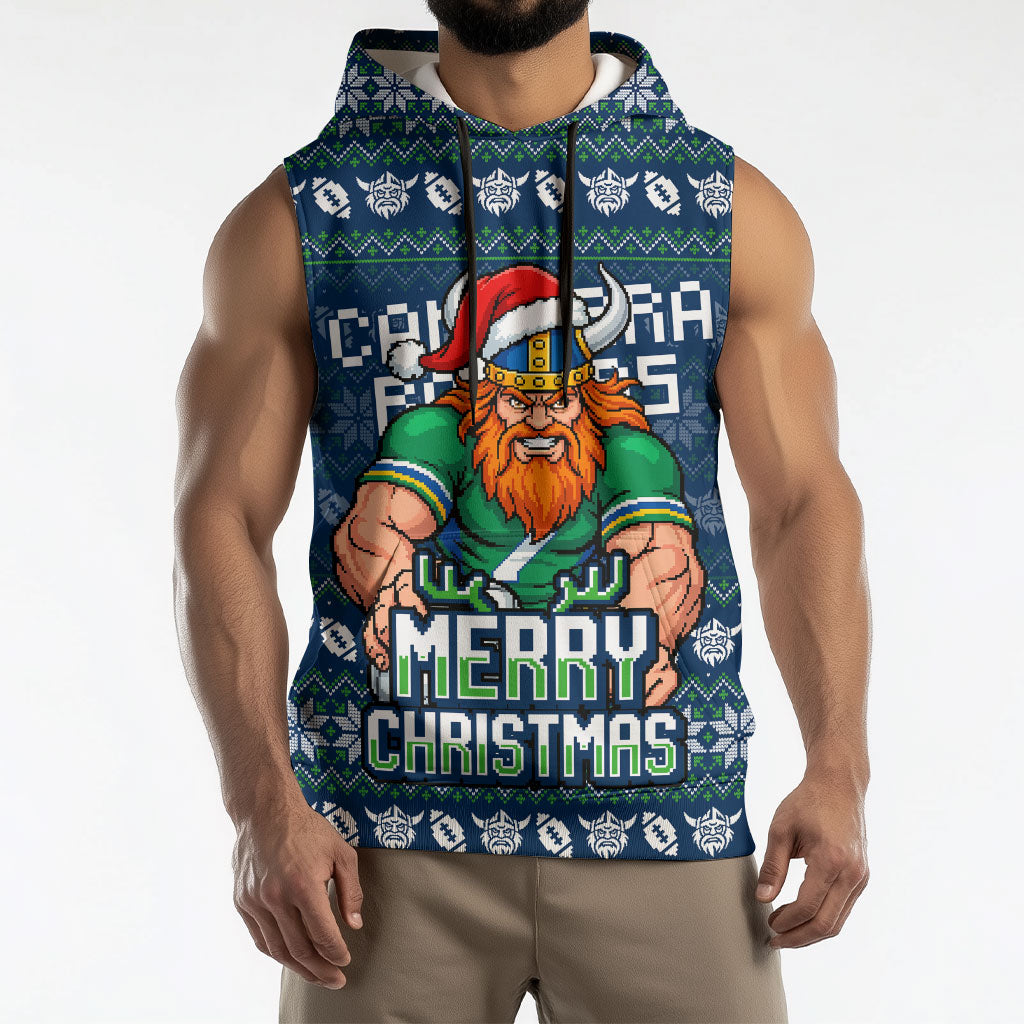 Personalized Canberra Raiders Christmas Sleeveless Hoodie Australian Rugby Fans - Pixelated Ugly Xmas Pattern Mascot Santa