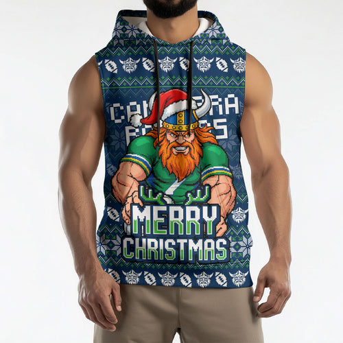 Personalized Canberra Raiders Christmas Sleeveless Hoodie Australian Rugby Fans - Pixelated Ugly Xmas Pattern Mascot Santa