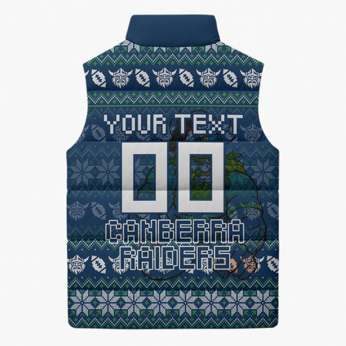 Personalized Canberra Raiders Christmas Sleeveless Puffer Jacket Australian Rugby Fans - Pixelated Ugly Xmas Pattern Mascot Santa