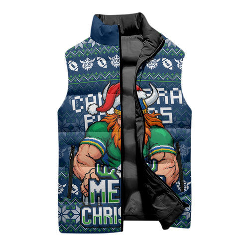 Personalized Canberra Raiders Christmas Sleeveless Puffer Jacket Australian Rugby Fans - Pixelated Ugly Xmas Pattern Mascot Santa