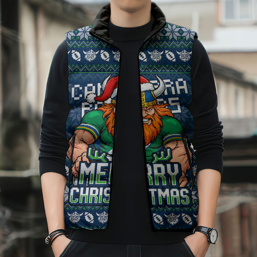 Personalized Canberra Raiders Christmas Sleeveless Puffer Jacket Australian Rugby Fans - Pixelated Ugly Xmas Pattern Mascot Santa
