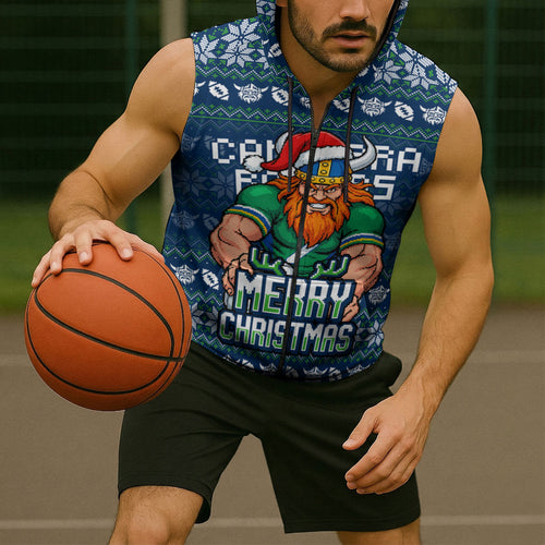 Personalized Canberra Raiders Christmas Sleeveless Zip Hoodie Australian Rugby Fans - Pixelated Ugly Xmas Pattern Mascot Santa