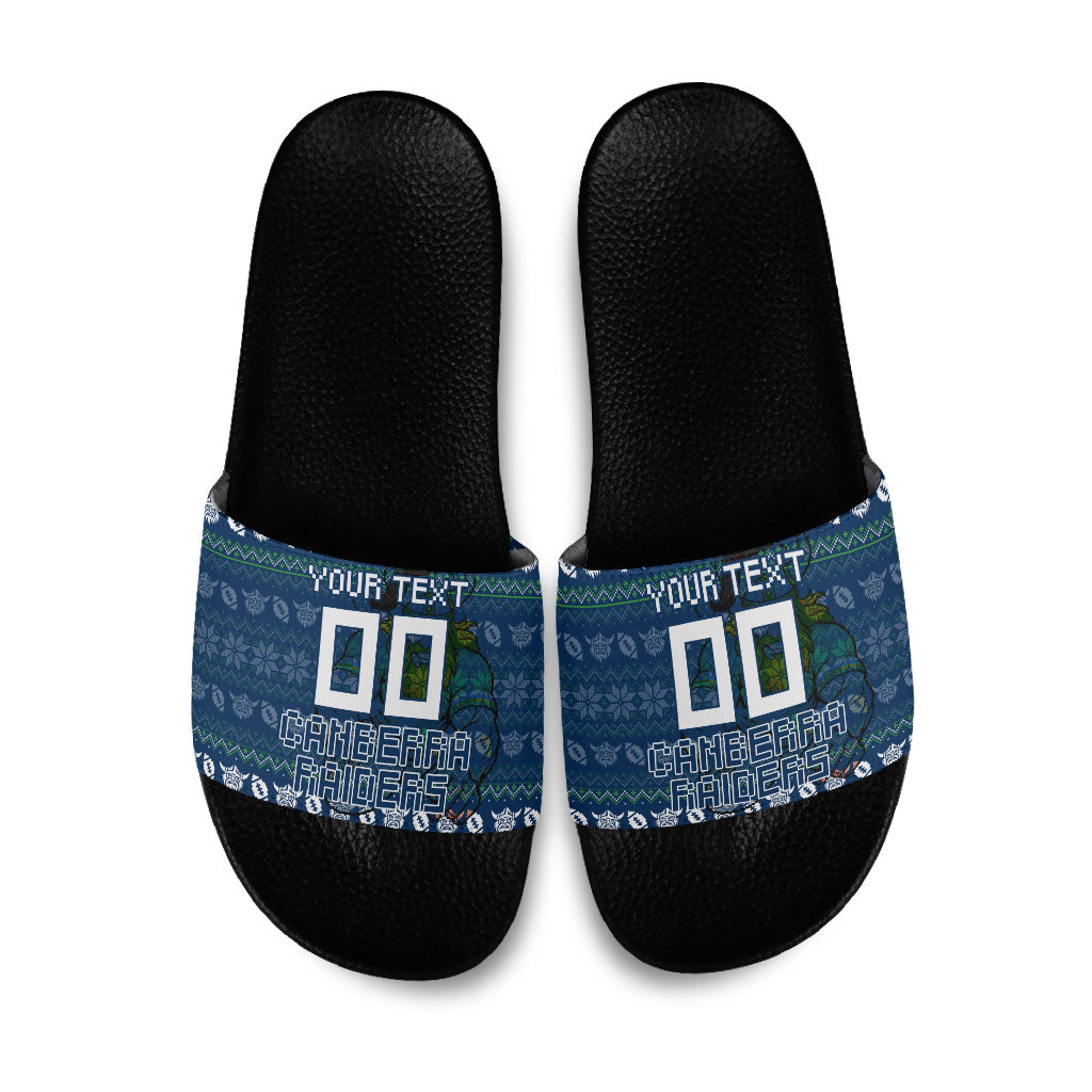 Personalized Canberra Raiders Christmas Slide Sandals Australian Rugby Fans - Pixelated Ugly Xmas Pattern Mascot Santa