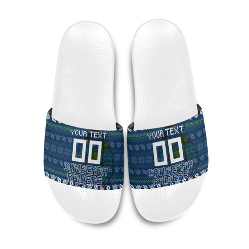 Personalized Canberra Raiders Christmas Slide Sandals Australian Rugby Fans - Pixelated Ugly Xmas Pattern Mascot Santa
