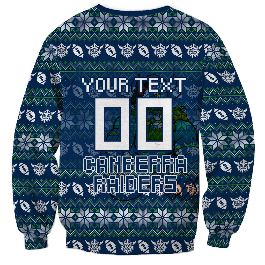 Personalized Canberra Raiders Christmas Sweatshirt Australian Rugby Fans - Pixelated Ugly Xmas Pattern Mascot Santa