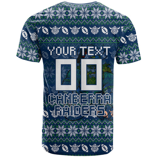 Personalized Canberra Raiders Christmas T Shirt Australian Rugby Fans - Pixelated Ugly Xmas Pattern Mascot Santa