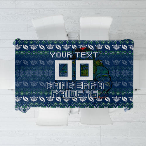 Personalized Canberra Raiders Christmas Tablecloth Australian Rugby Fans - Pixelated Ugly Xmas Pattern Mascot Santa