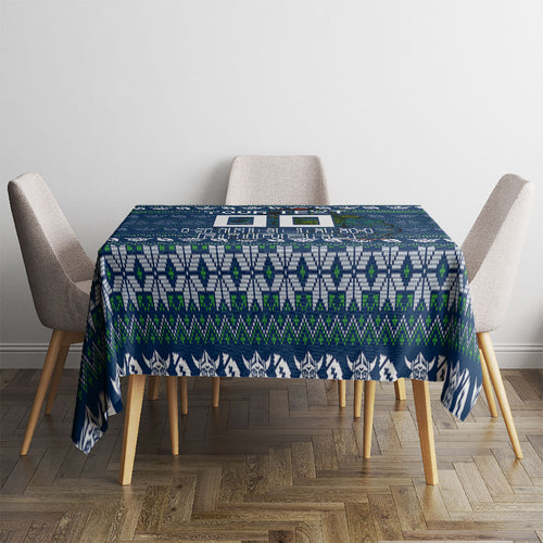 Personalized Canberra Raiders Christmas Tablecloth Australian Rugby Fans - Pixelated Ugly Xmas Pattern Mascot Santa
