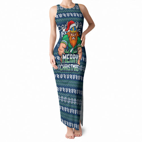 Personalized Canberra Raiders Christmas Tank Maxi Dress Australian Rugby Fans - Pixelated Ugly Xmas Pattern Mascot Santa