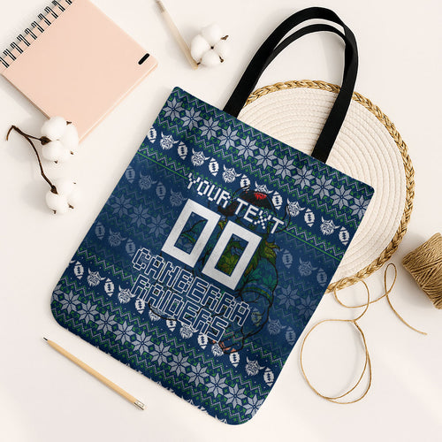 Personalized Canberra Raiders Christmas Tote Bag Australian Rugby Fans - Pixelated Ugly Xmas Pattern Mascot Santa