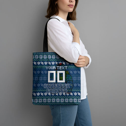 Personalized Canberra Raiders Christmas Tote Bag Australian Rugby Fans - Pixelated Ugly Xmas Pattern Mascot Santa