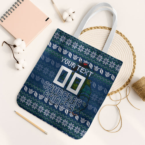 Personalized Canberra Raiders Christmas Tote Bag Australian Rugby Fans - Pixelated Ugly Xmas Pattern Mascot Santa