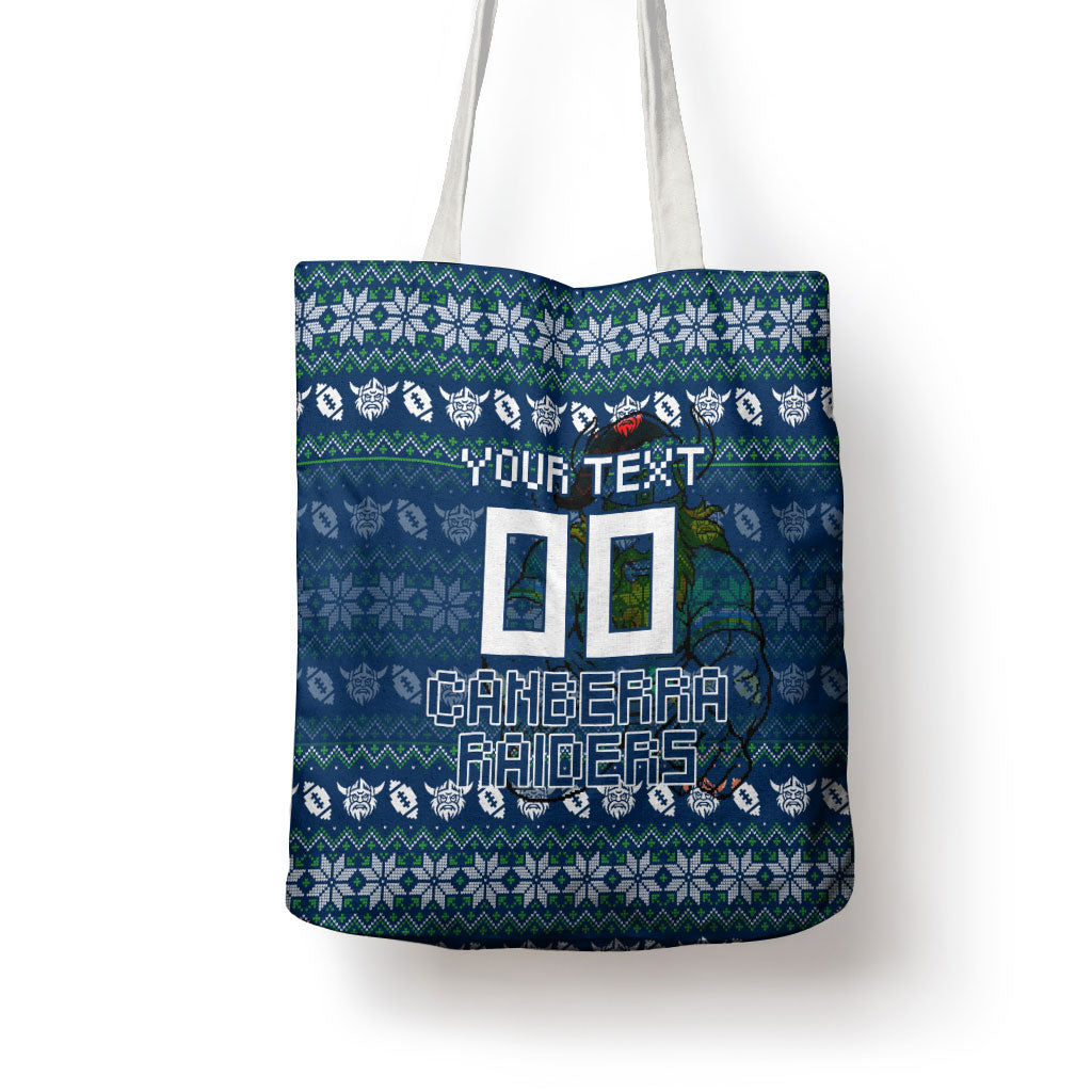 Personalized Canberra Raiders Christmas Tote Bag Australian Rugby Fans - Pixelated Ugly Xmas Pattern Mascot Santa