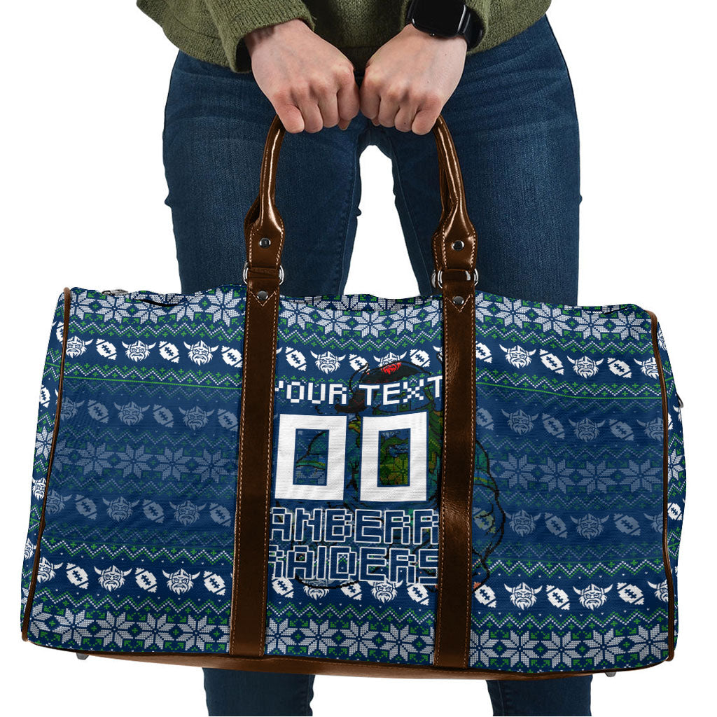 Personalized Canberra Raiders Christmas Travel Bag Australian Rugby Fans - Pixelated Ugly Xmas Pattern Mascot Santa