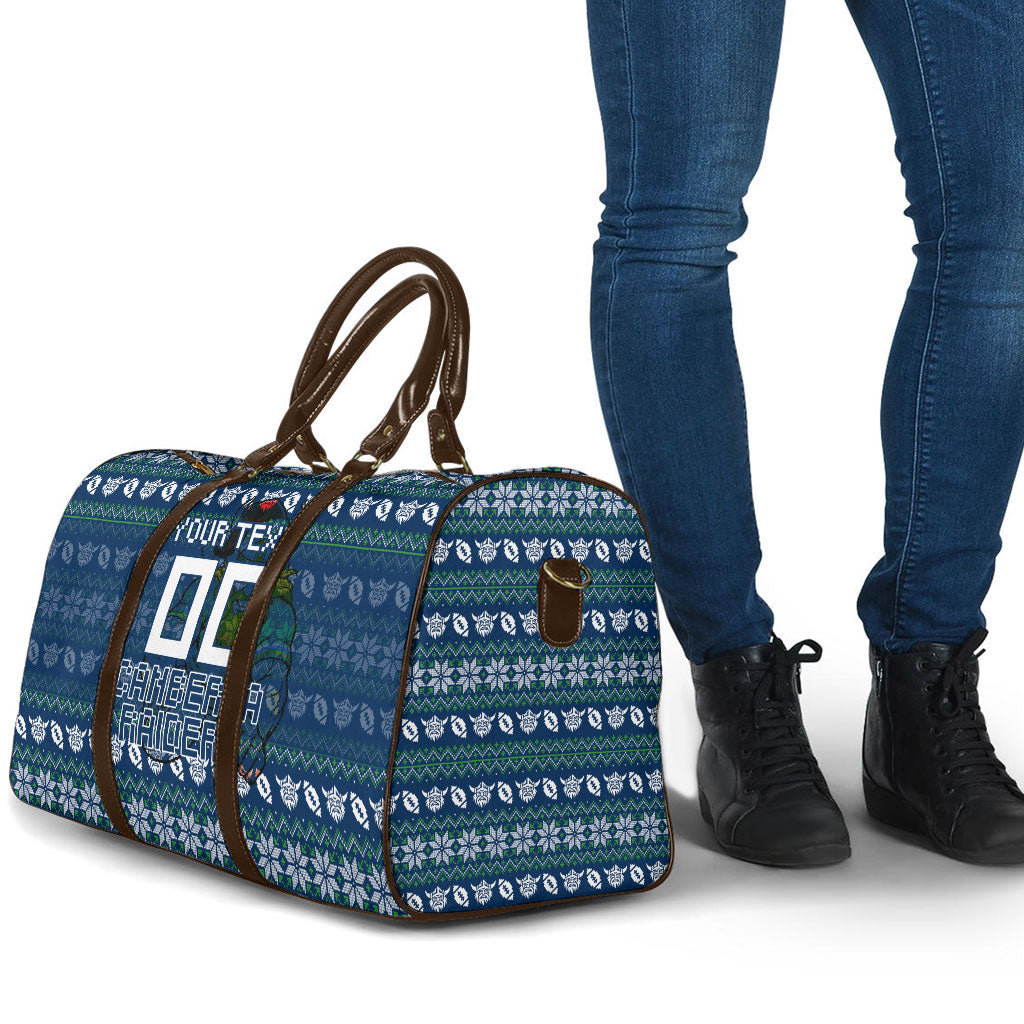 Personalized Canberra Raiders Christmas Travel Bag Australian Rugby Fans - Pixelated Ugly Xmas Pattern Mascot Santa