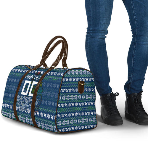Personalized Canberra Raiders Christmas Travel Bag Australian Rugby Fans - Pixelated Ugly Xmas Pattern Mascot Santa