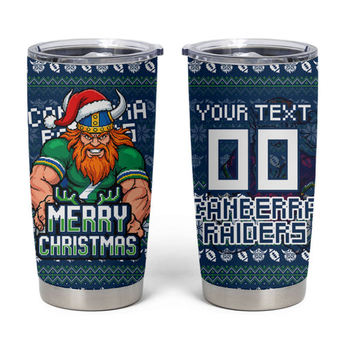 Personalized Canberra Raiders Christmas Tumbler Cup Australian Rugby Fans - Pixelated Ugly Xmas Pattern Mascot Santa