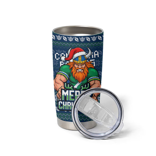 Personalized Canberra Raiders Christmas Tumbler Cup Australian Rugby Fans - Pixelated Ugly Xmas Pattern Mascot Santa