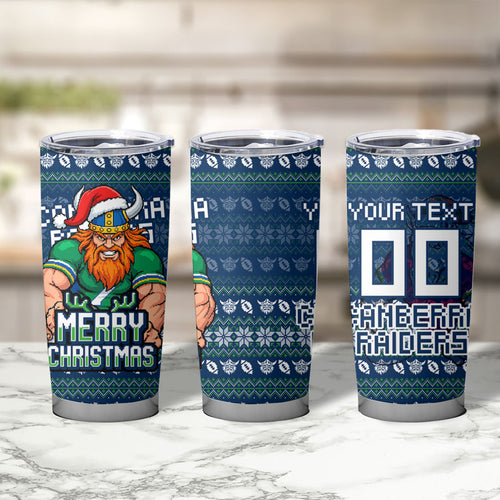 Personalized Canberra Raiders Christmas Tumbler Cup Australian Rugby Fans - Pixelated Ugly Xmas Pattern Mascot Santa
