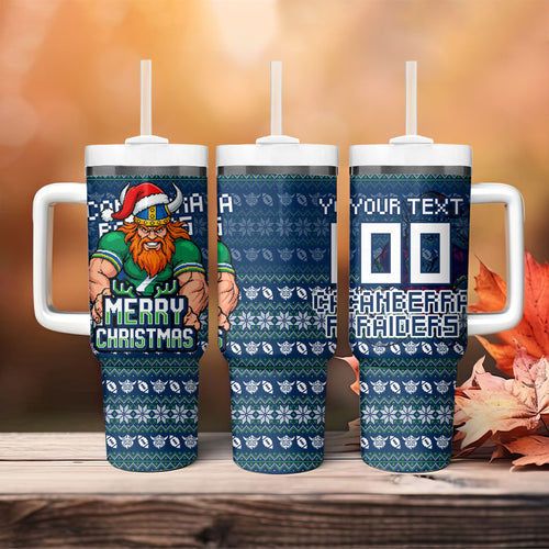 Personalized Canberra Raiders Christmas Tumbler With Handle Australian Rugby Fans - Pixelated Ugly Xmas Pattern Mascot Santa